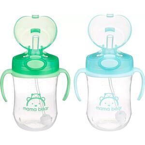 Mama Bear Weighted Straw Cup 2-Pack 10oz Spill-Proof BPA Free Green Blue New